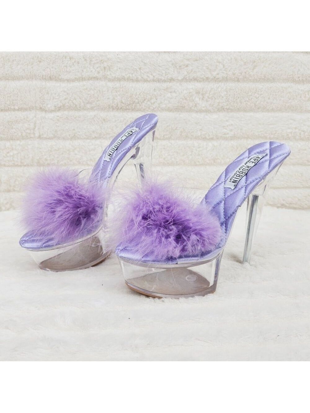 Maren Lilac Purple Marabou Feather Fur Clear Platform Slip On High Heels